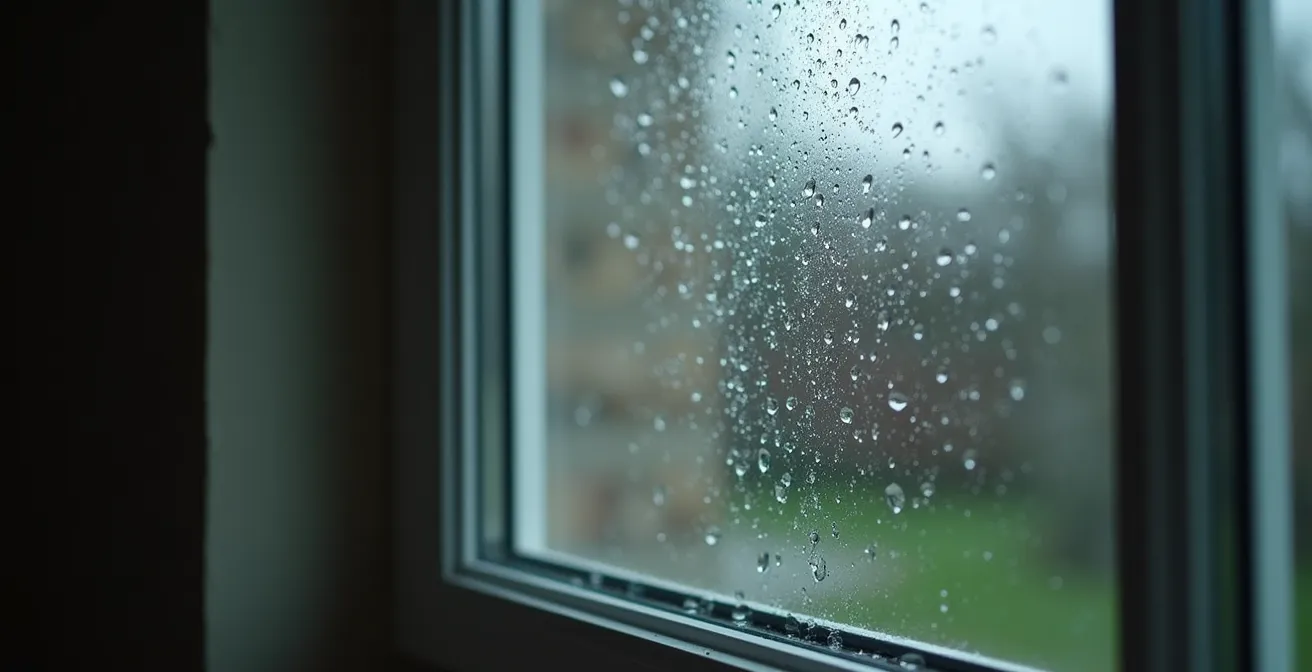Fenêtre montrant gouttes d'eau symboliques en extérieur, ambiance dramatique pour effet domino de dégâts