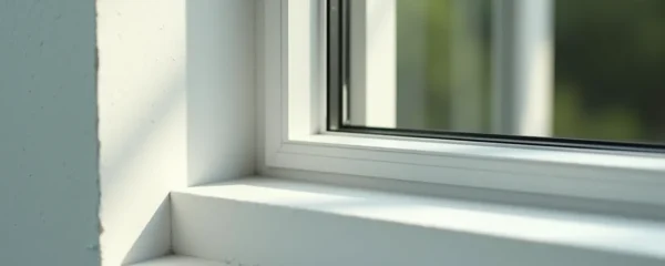 Une fenêtre moderne avec un joint de calfeutrage impeccable, lumière naturelle douce entrant, vue nette sans texte ni logos