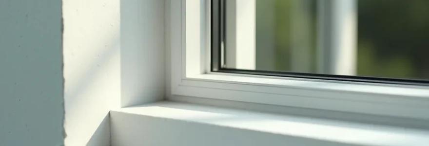 Une fenêtre moderne avec un joint de calfeutrage impeccable, lumière naturelle douce entrant, vue nette sans texte ni logos