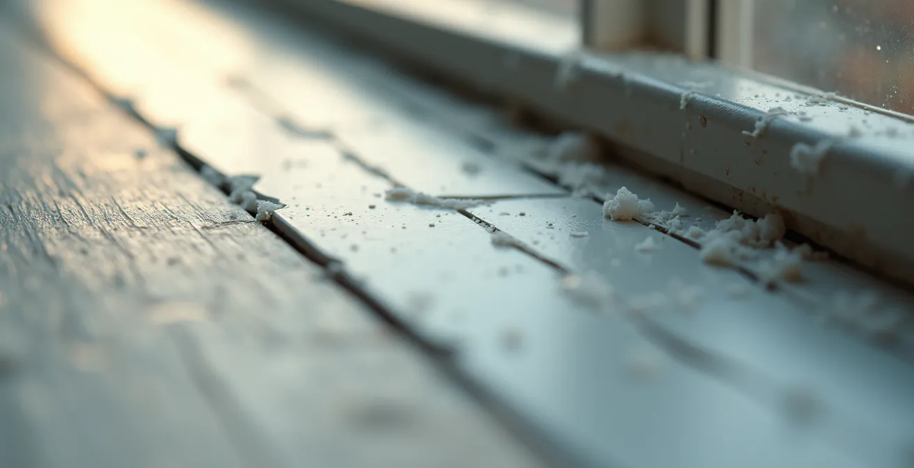 Gros plan macro sur joint de calfeutrage montrant textures fines et détails du matériau, lumière naturelle douce