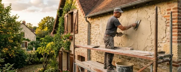 Ouvrier sur échafaudage réalisant le ravalement d'une façade de maison individuelle en crépi