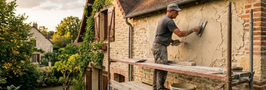 Ouvrier sur échafaudage réalisant le ravalement d'une façade de maison individuelle en crépi