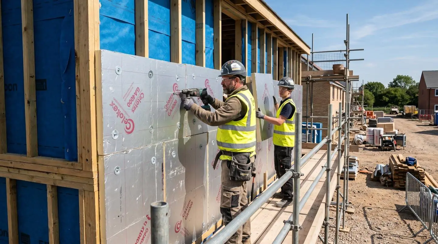 Poseurs installant des panneaux isolants sur une façade de maison avant application de l'enduit final