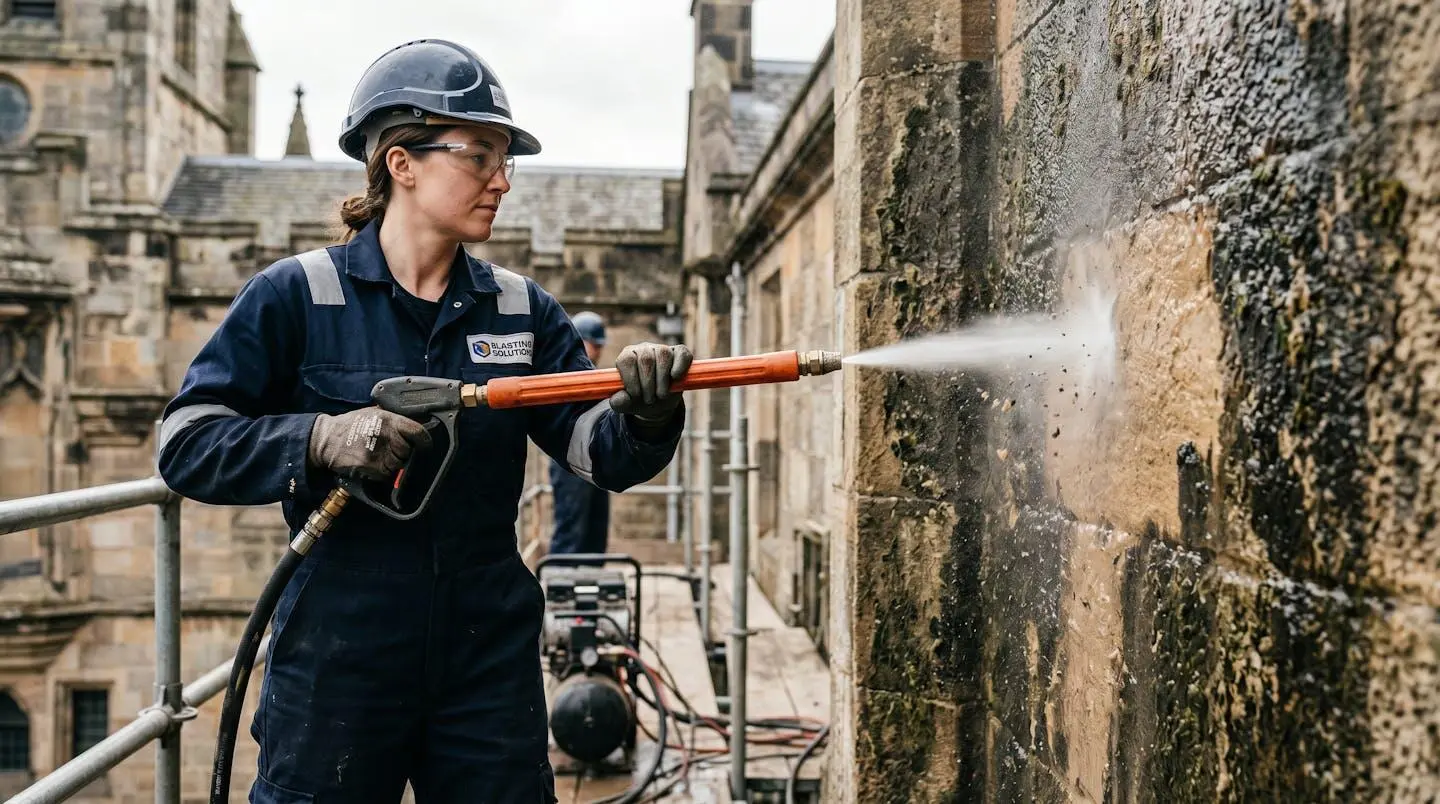 Technicien utilisant un appareil d'hydrogommage pour nettoyer une façade en pierre ancienne